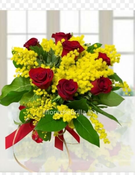 Bouquet di 7 rose rosse e mimosa